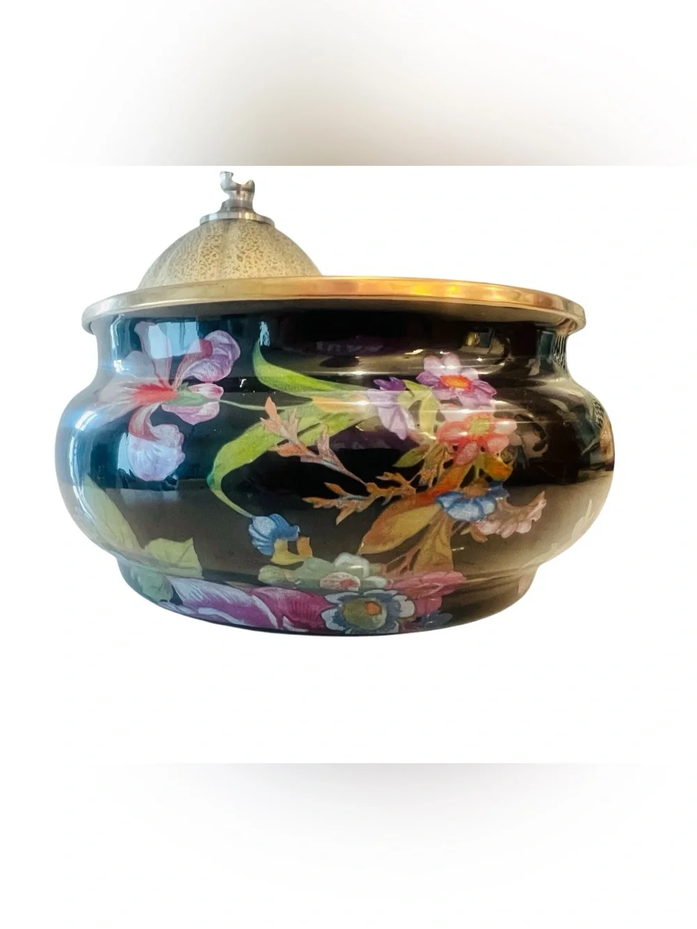 MacKenzie-Childs Black Flower Market Squashed Pot Bowl Gold Rim Floral No Lid